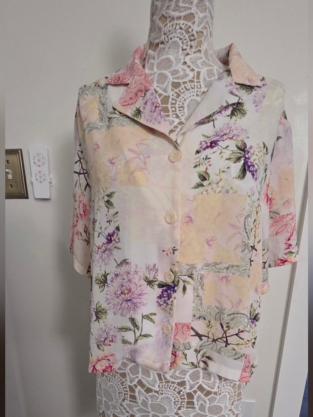 Alex & Lili Floral Patchwork Button-Front Flowy Blouse - M
